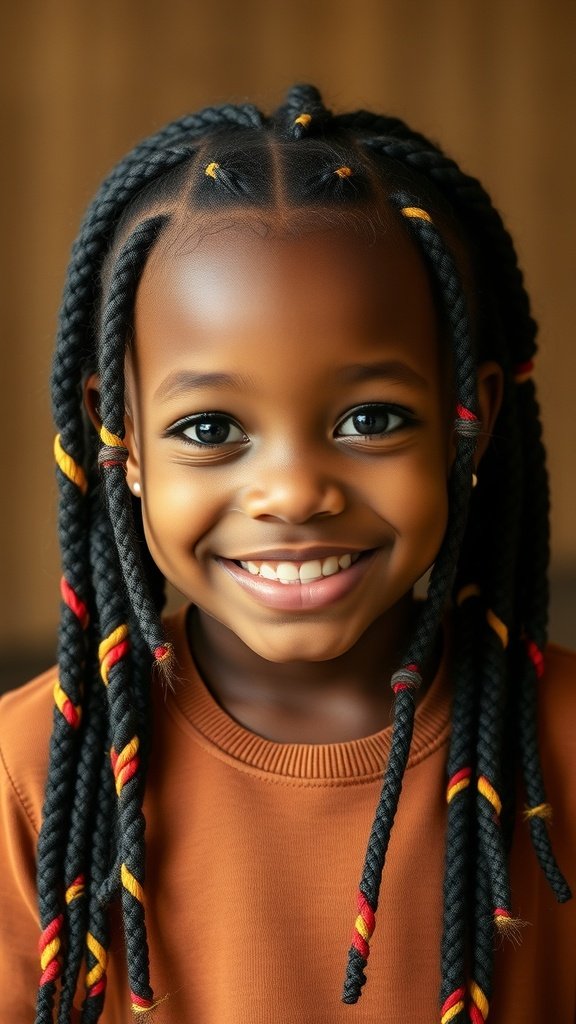 A young girl smiling with colorful knotless box braids.