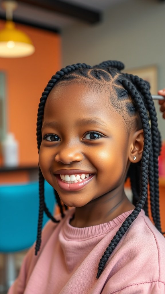 A smiling child with knotless box braids in a salon setting.