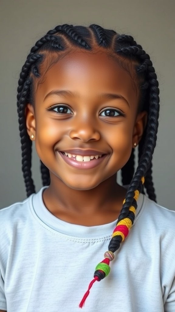 A smiling child with medium thick knotless box braids, showcasing a vibrant hairstyle.