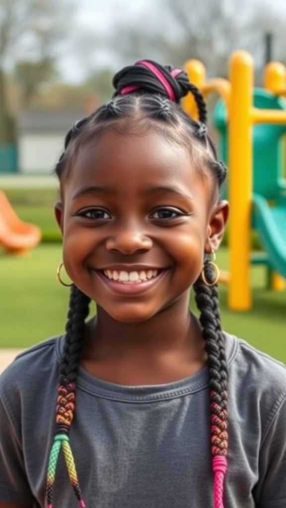 A smiling girl with medium knotless box braids, showcasing colorful accents, playing in a park.