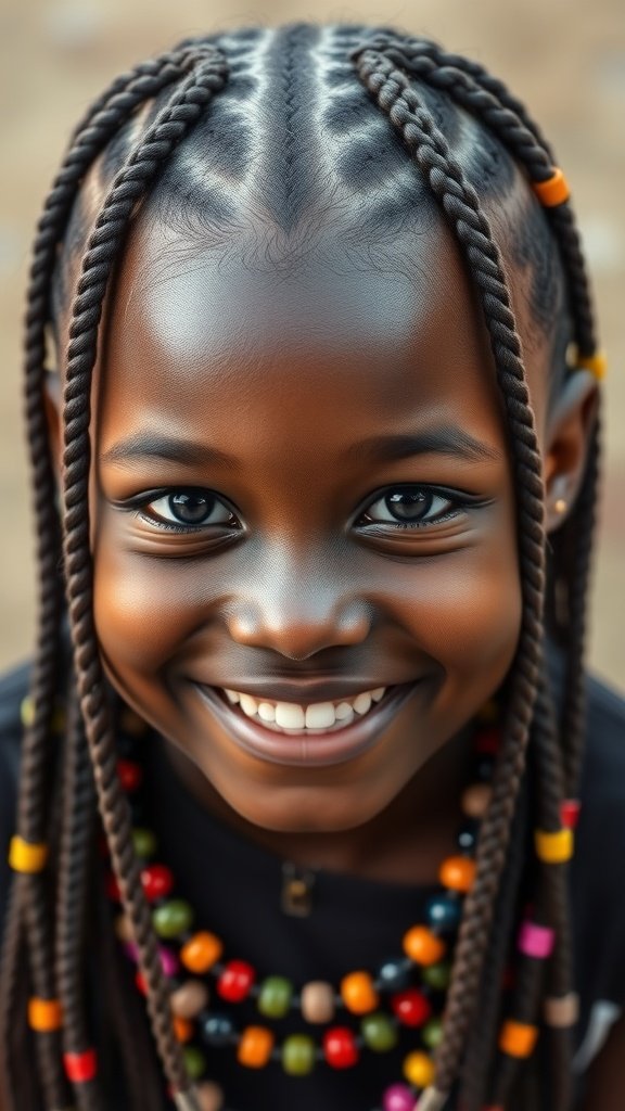 A young girl smiling with small knotless box braids and colorful beads.