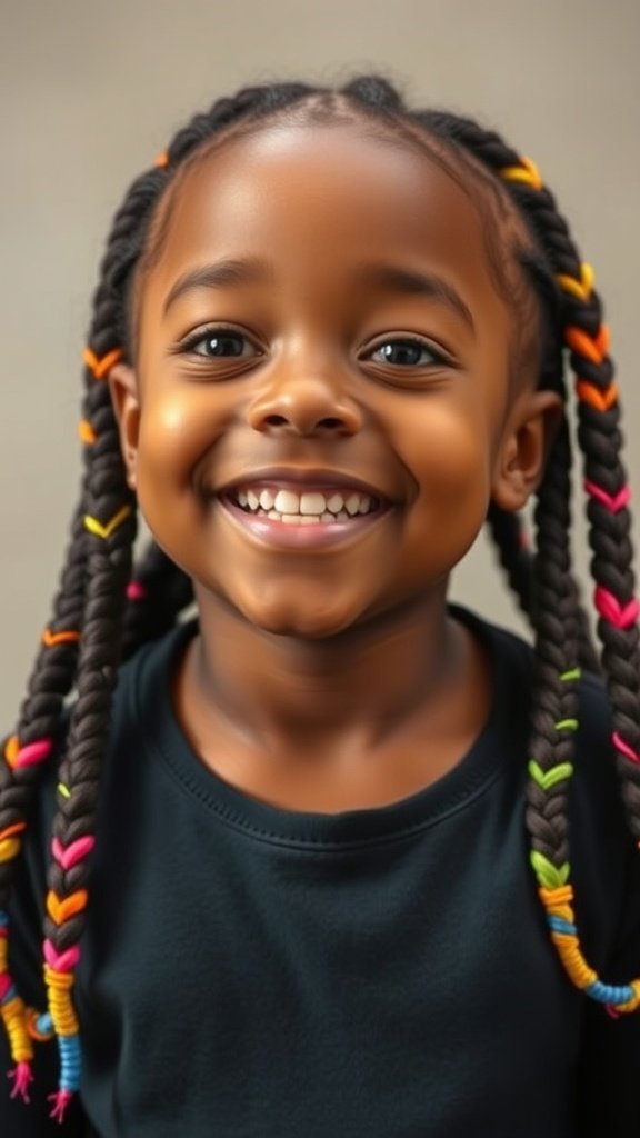 A young girl smiling with small knotless box braids decorated with colorful beads.