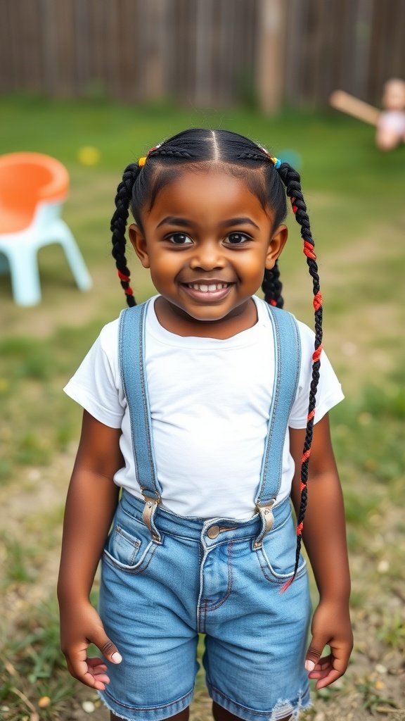 A smiling child with medium knotless box braids, wearing denim shorts and a white shirt, in a playful outdoor setting.