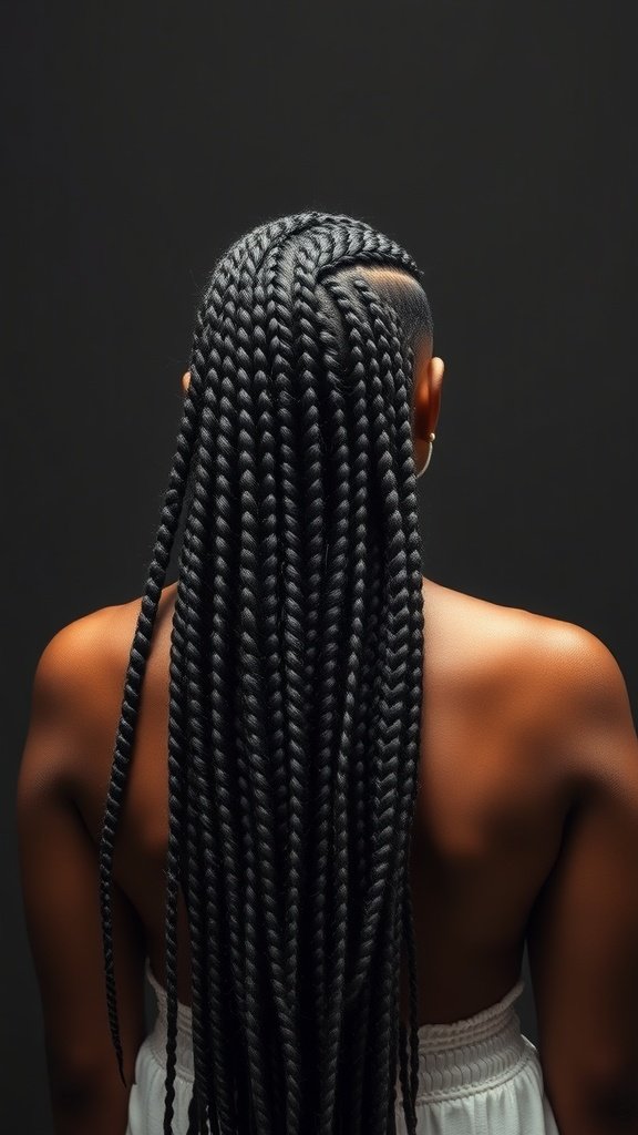 A woman with long black knotless box braids styled elegantly.