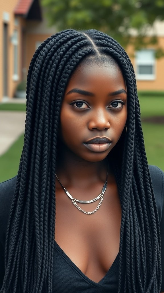 A young woman with medium-length knotless box braids, showcasing a stylish and protective hairstyle.