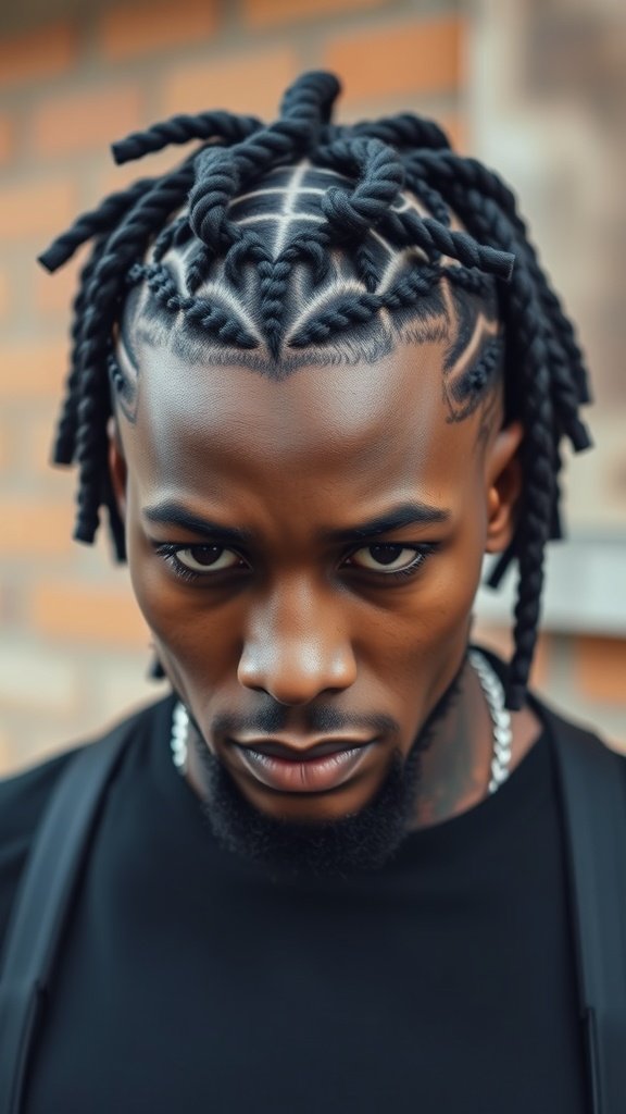 A man with large knotless box braids styled in an intricate pattern.