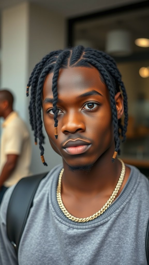 A young man with small knotless box braids, showcasing a stylish and neat appearance.