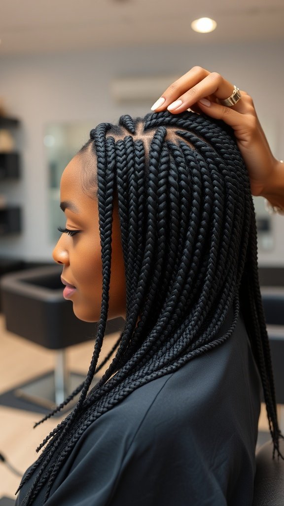 Close-up of a woman getting medium knotless box braids styled in a salon