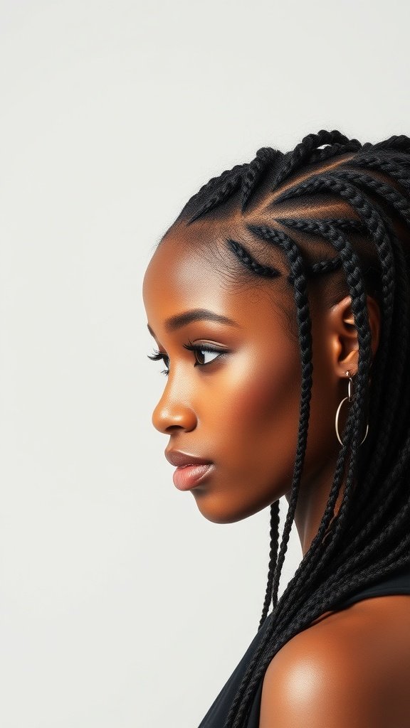 A profile view of a model with small knotless box braids, showcasing the neat and stylish appearance of the hairstyle.