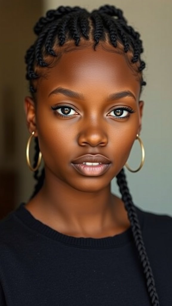 A close-up of a person with short knotless box braids, showcasing a stylish and protective hairstyle.