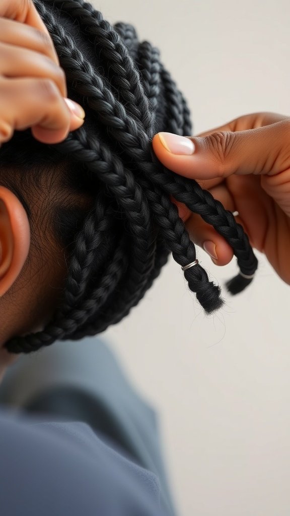 Close-up of small knotless box braids being styled, showcasing neat and precise braiding technique.