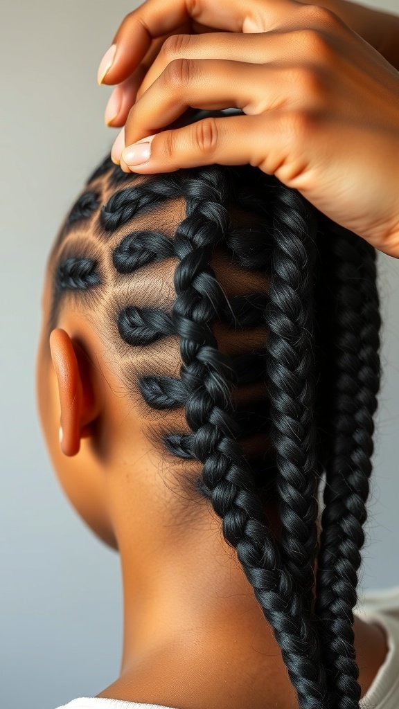 Close-up of a person's hair being braided into knotless box braids, showcasing a neat braid pattern.