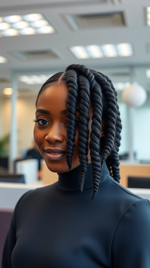 A woman with knotless box braids styled elegantly in a professional office setting.