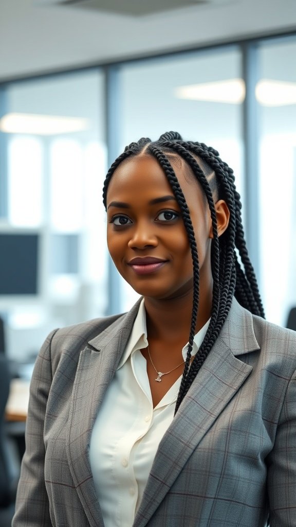 A woman in a professional setting with knotless box braids, wearing a suit.