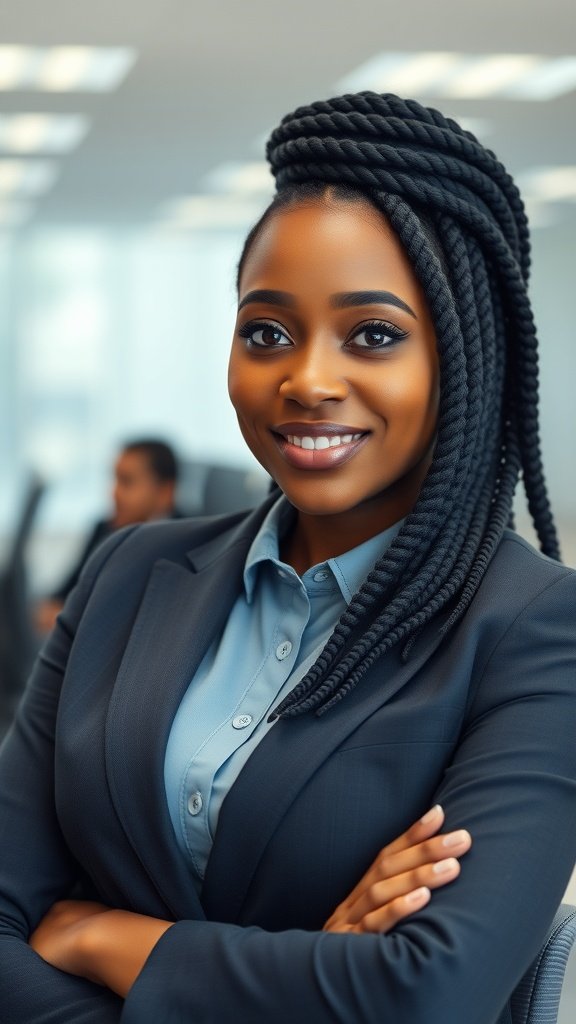 A professional woman with medium knotless box braids, smiling confidently in an office setting.