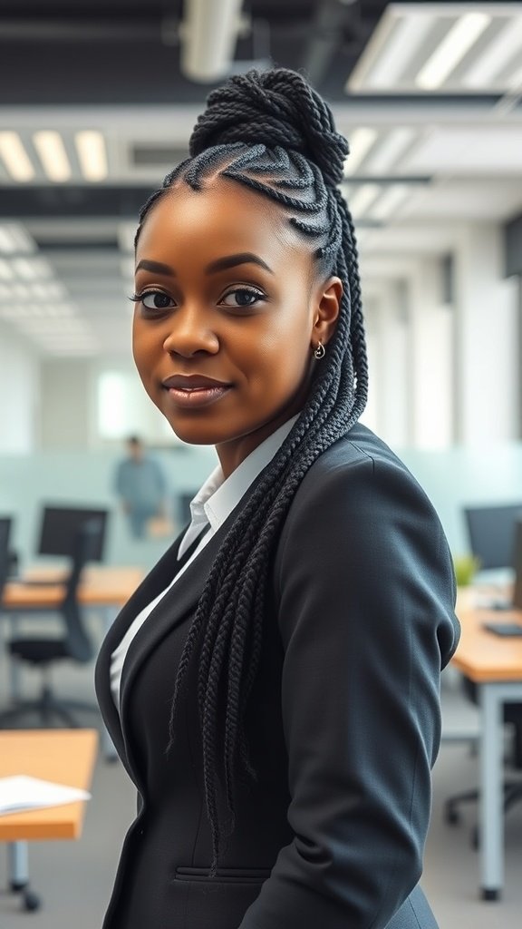A woman in a business suit with short knotless box braids, looking confident in an office setting.