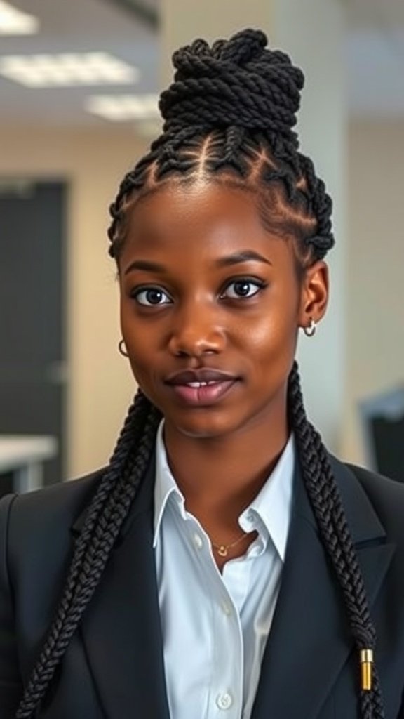 A young woman with small knotless box braids styled in a professional setting.