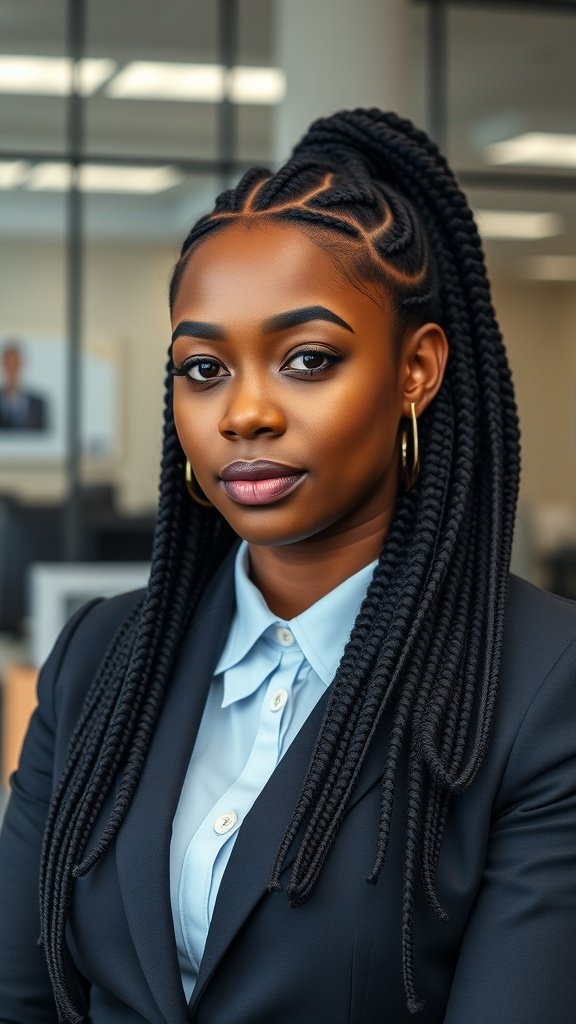 A professional woman with small knotless box braids, dressed in a suit, exuding confidence in an office setting.