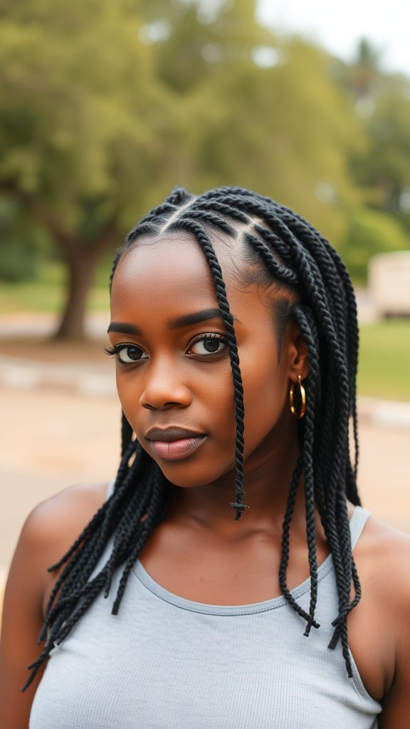 A woman with medium knotless box braids, showcasing a stylish protective hairstyle.
