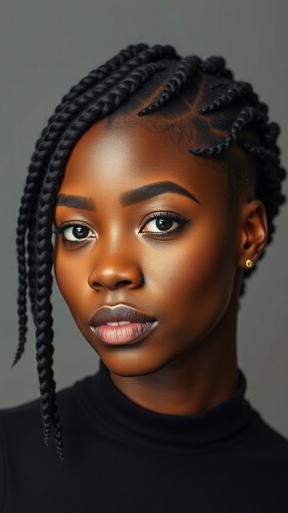 A close-up of a person with stylish knotless box braids, showcasing a modern and elegant look.