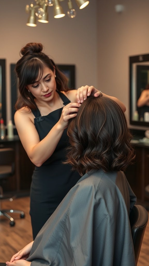 A stylist working on a client's hair in a salon, focusing on knotless box braids.