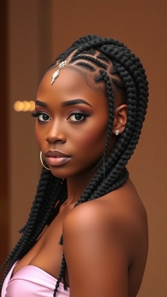 A woman with knotless box braids styled elegantly for a special occasion.