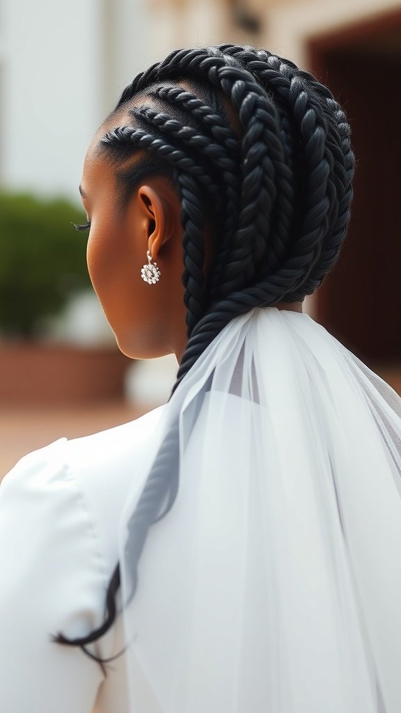 A woman with small knotless box braids styled elegantly for a special occasion, featuring a veil and earrings.