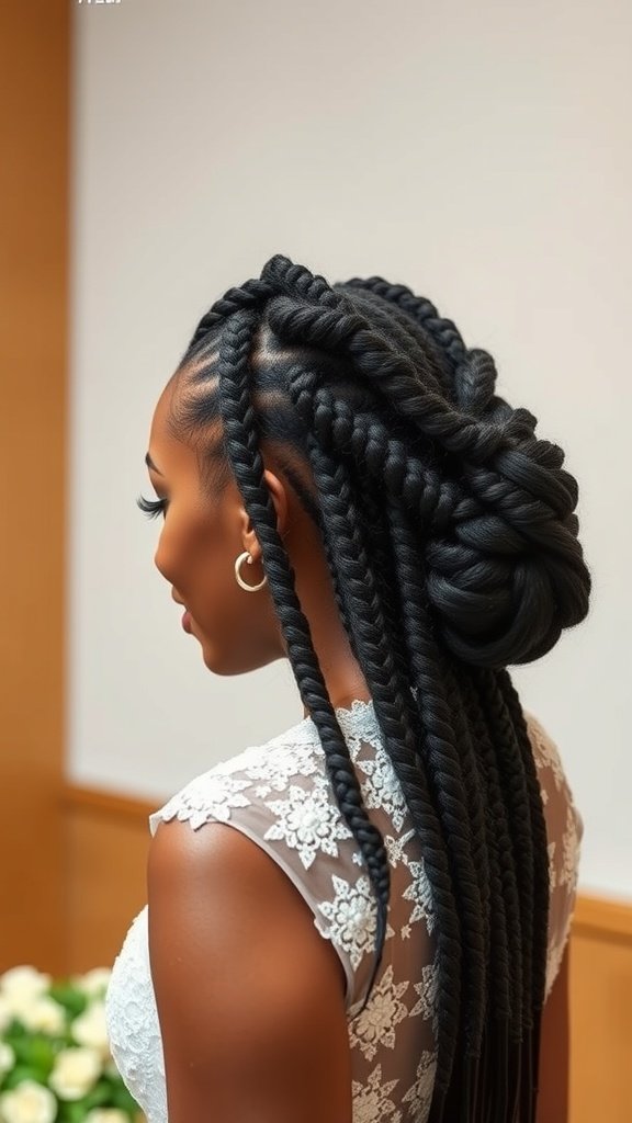 A woman with small knotless box braids styled elegantly, showcasing a formal look.