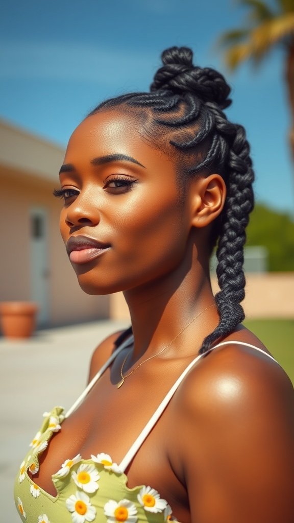 A woman with knotless box braids styled in a top knot and long braids, wearing a floral dress, standing outdoors.