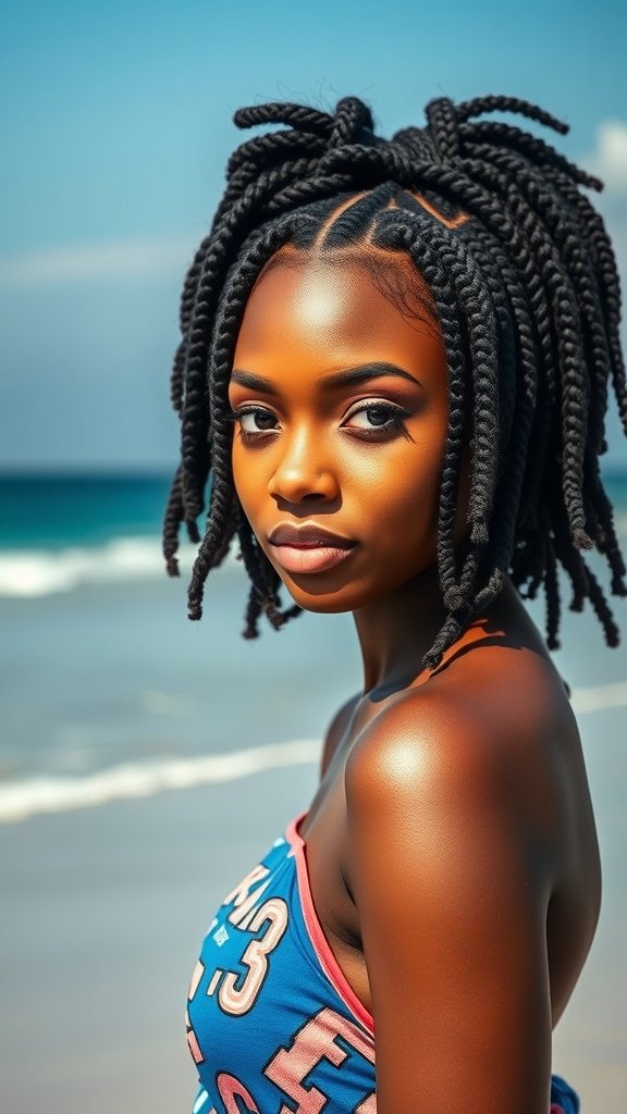 A woman with knotless box braids at the beach, showcasing a stylish summer look.