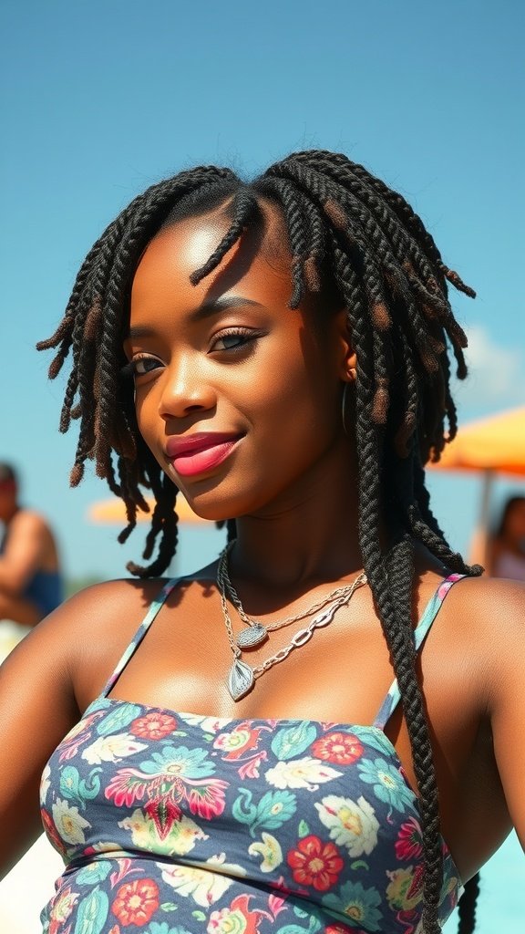 A woman with large knotless box braids enjoying a sunny day, showcasing a vibrant summer hairstyle.