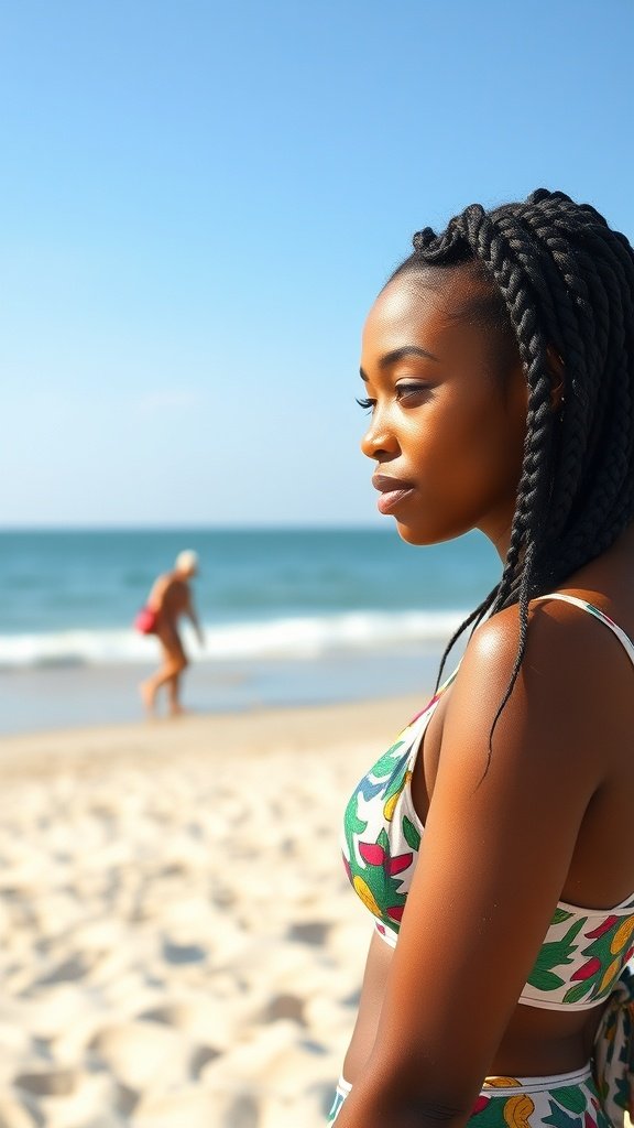 A woman with small knotless box braids at the beach, enjoying the summer sun.