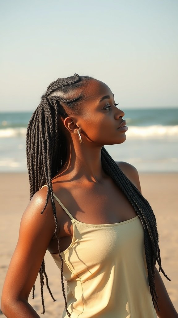 A woman with long small knotless box braids standing on the beach, showcasing a summer hairstyle.
