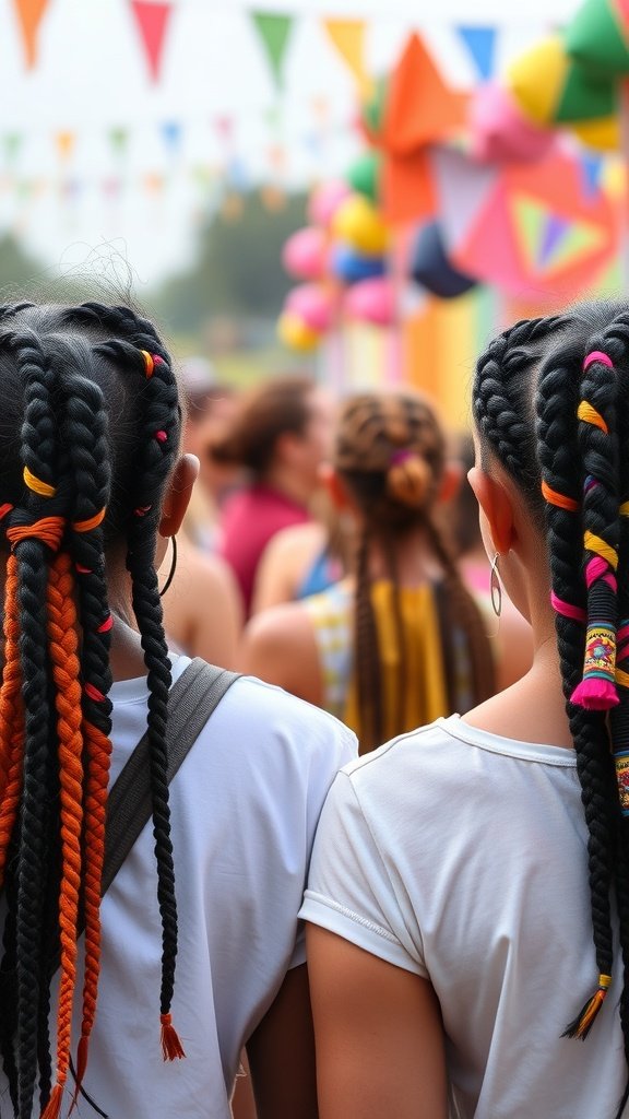 Two girls with colorful medium knotless box braids at a summer festival, enjoying the vibrant atmosphere.