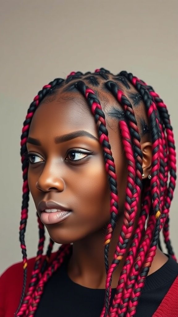A close-up of a woman with bold red and black knotless box braids.