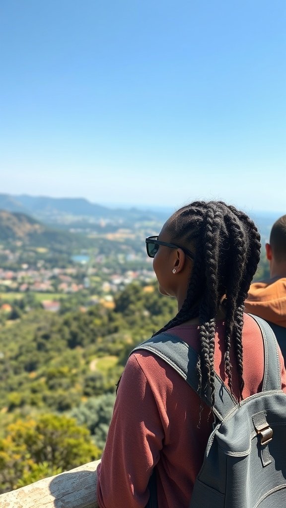 A woman with small knotless box braids looking at a scenic view, wearing a backpack and sunglasses.