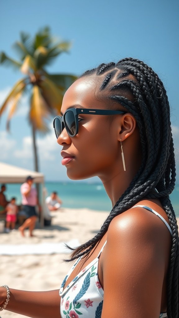 A woman with small knotless box braids enjoying a sunny beach day.
