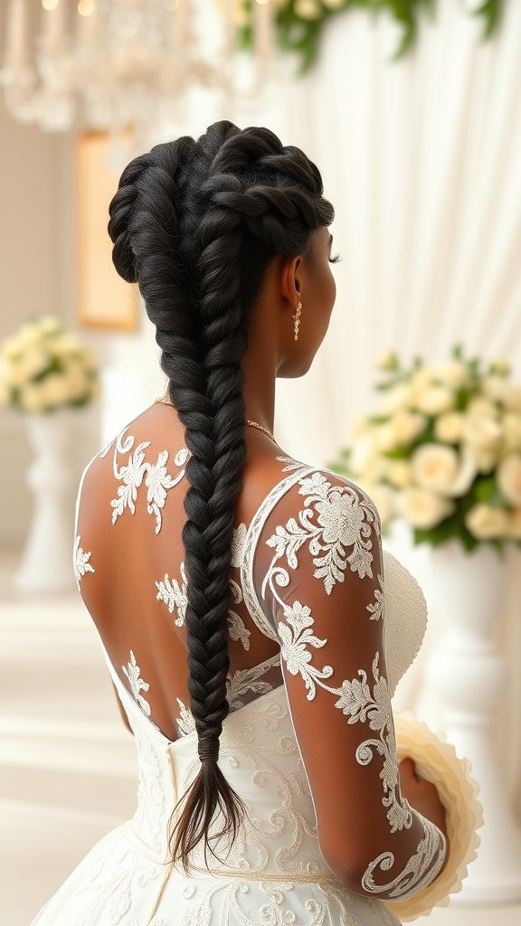 A bride with big knotless box braids styled elegantly for her wedding.