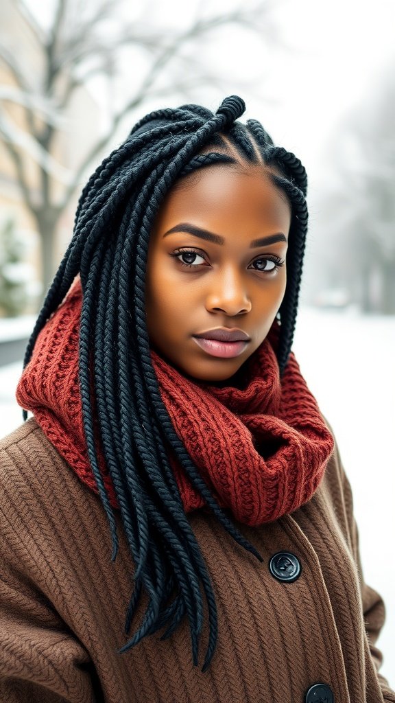 A woman with long knotless box braids wearing a red scarf in a winter setting.
