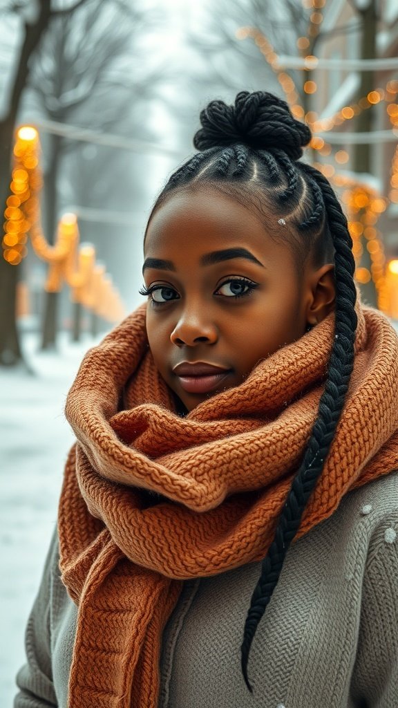 A woman with small knotless box braids wearing a cozy orange scarf in a winter setting.