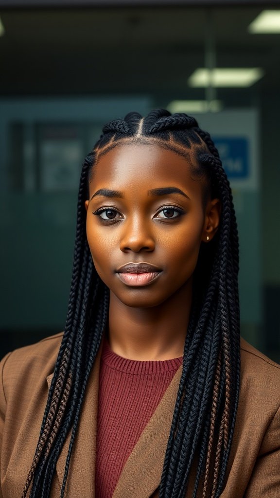 A woman with small knotless box braids, wearing a brown blazer, looking confidently at the camera.