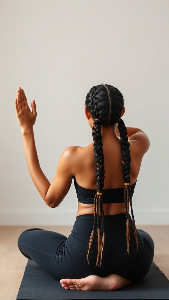 A person practicing yoga with knotless box braids.