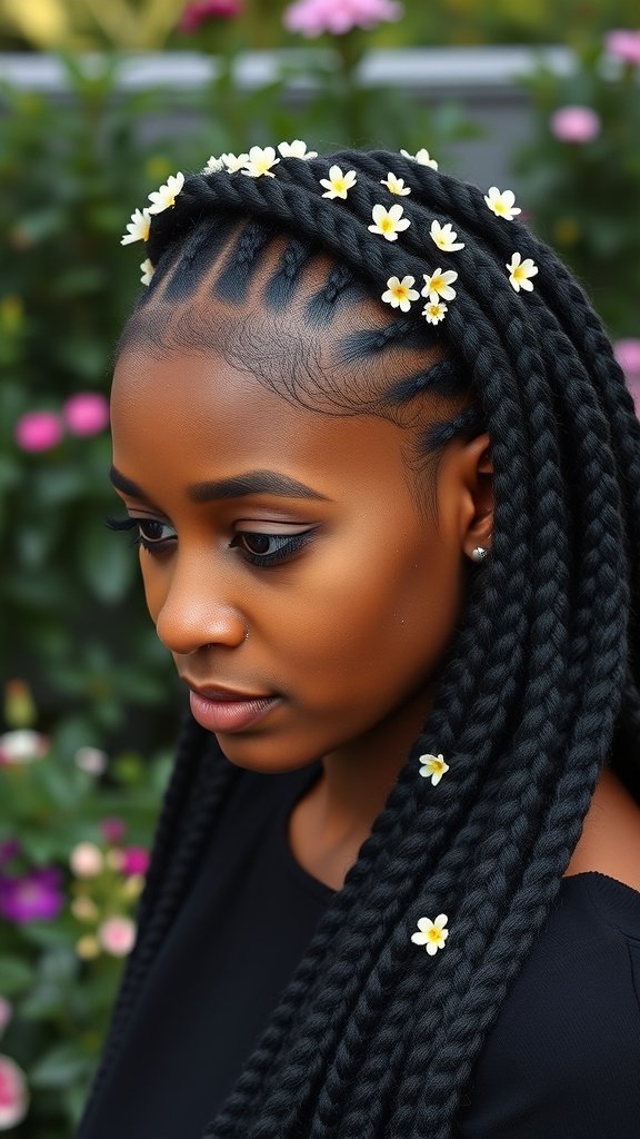 A woman with knotless box braids styled in a crown braid, adorned with small flowers, surrounded by colorful flowers in the background.
