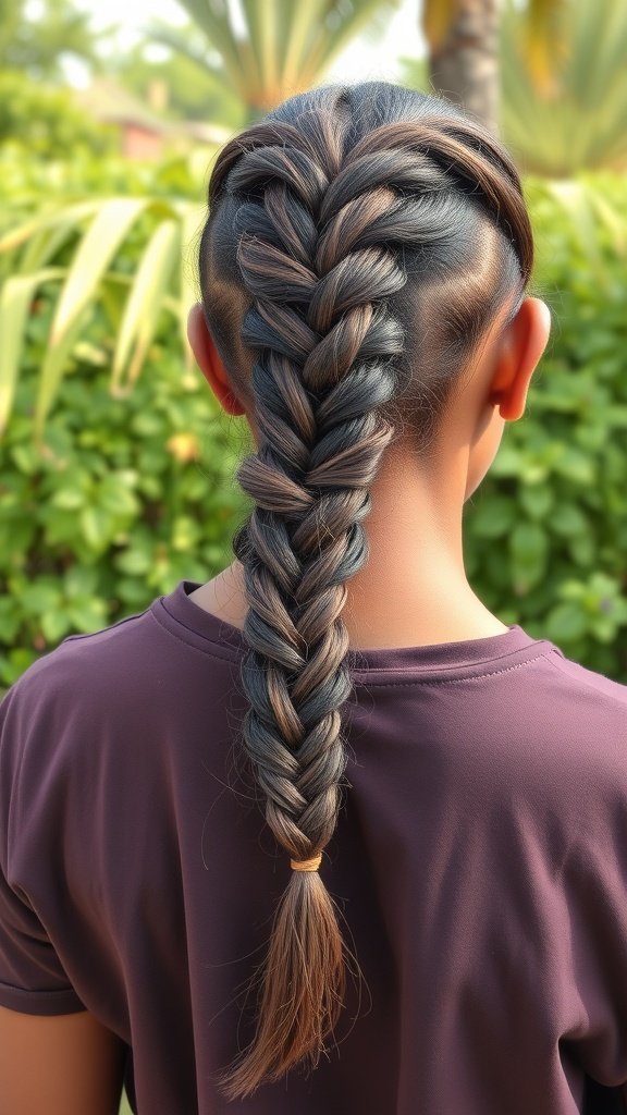 A person with a fish tail braid hairstyle created from knotless box braids.
