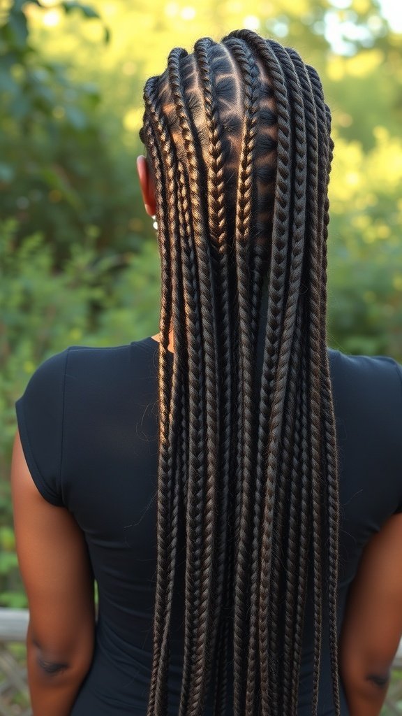 A person with long knotless box braids styled in a waterfall braid, showcasing the beauty and flow of the hairstyle.
