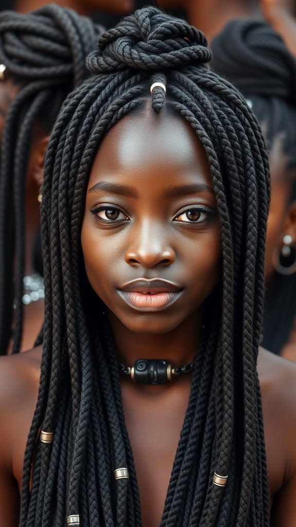 A close-up of a person with large knotless box braids, showcasing intricate styling and accessories.