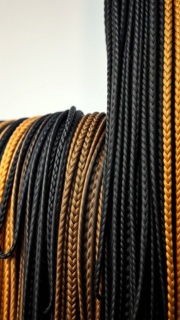 An assortment of black and golden braided hair for knotless box braids.