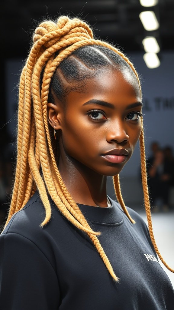 Model showcasing blonde knotless box braids styled in a high ponytail