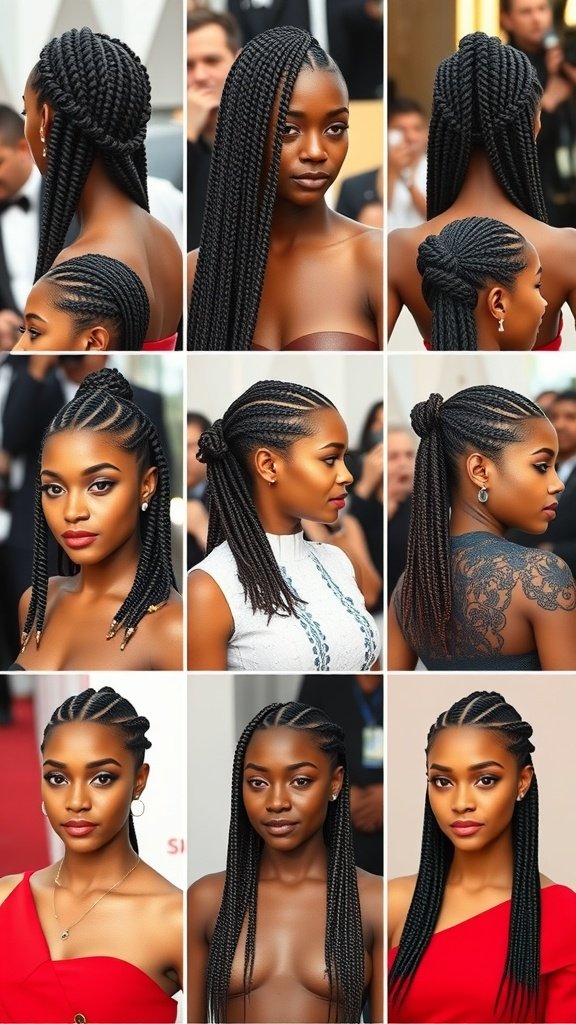 A collage of women showcasing different styles of knotless box braids, highlighting their versatility and beauty.
