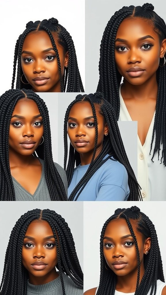 A collage of different styles of medium knotless box braids on a model, showcasing versatility and beauty.